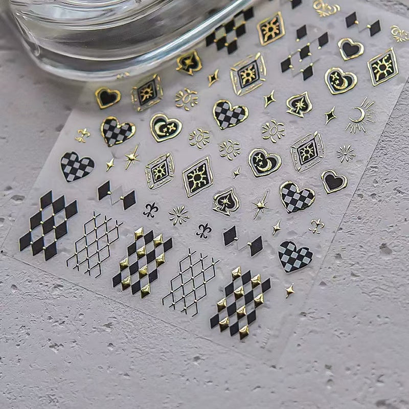 DIY black and gloden checkerboard nail stickers