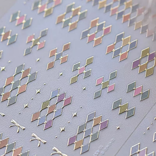 DIY golden outlined colorful checkerboard nail stickers