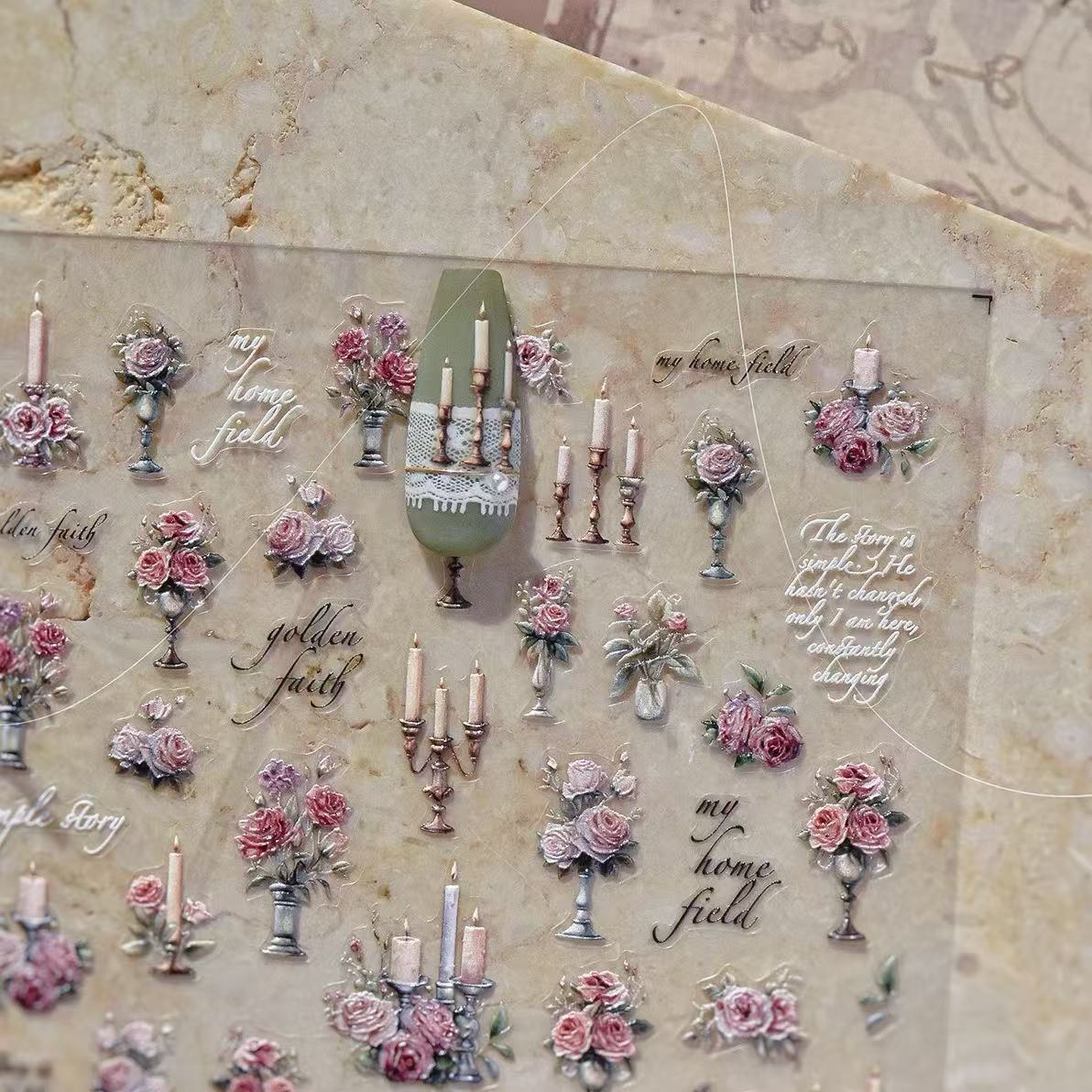  rose bouquets and ornate candelabra motifs
